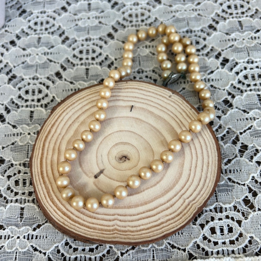 Vintage Champagne Faux Pearl Knotted Strand Necklace Filigree Clasp 15 Inch